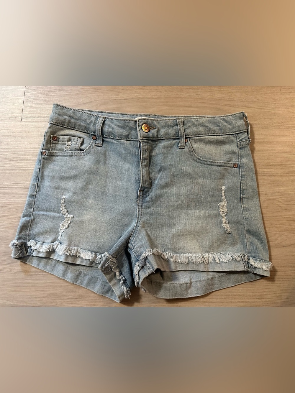 Celebrity Pink Light Blue Distressed Denim Shorts